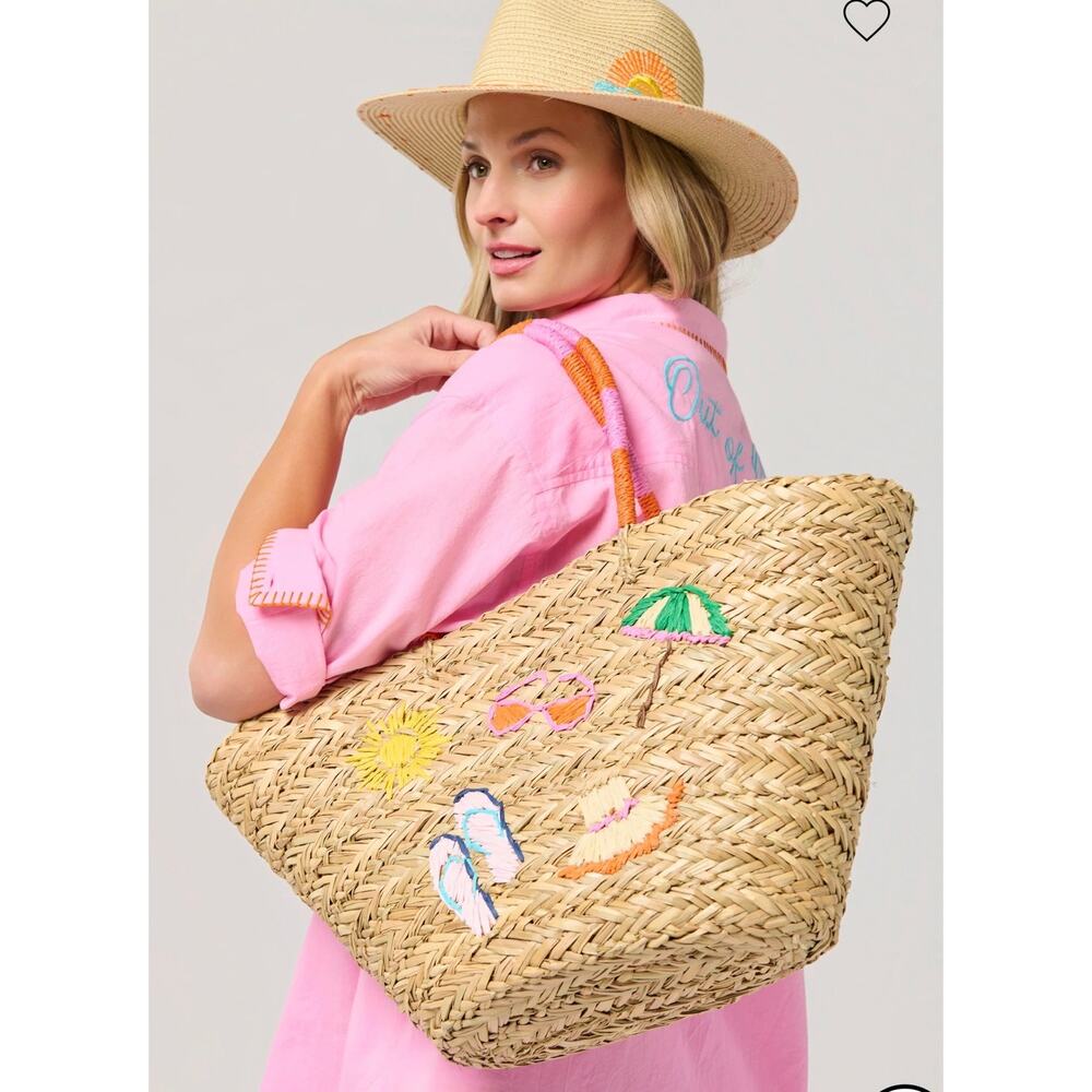 Shiraleah Cabana Straw Beach Tote Bag Woven Seagrass Embroidered Summer Handbag - Picture 2 of 8